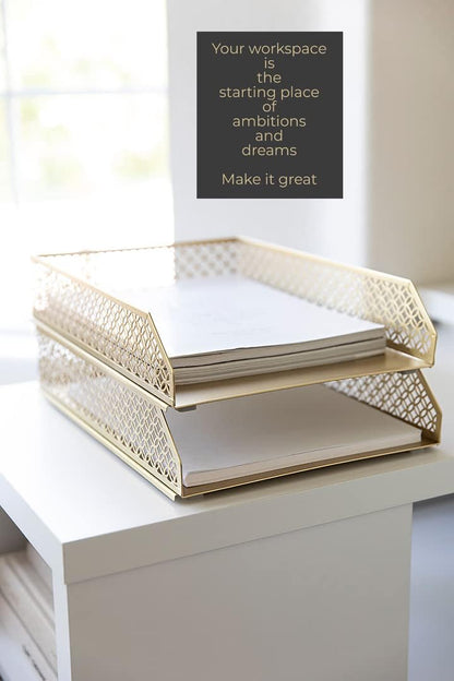 BLU MONACO | Paper Tray Stackable Gold Set of 2 | Stackable File Trays for Desk Organization | Tiered Desk Organizer with Metal Letter Trays