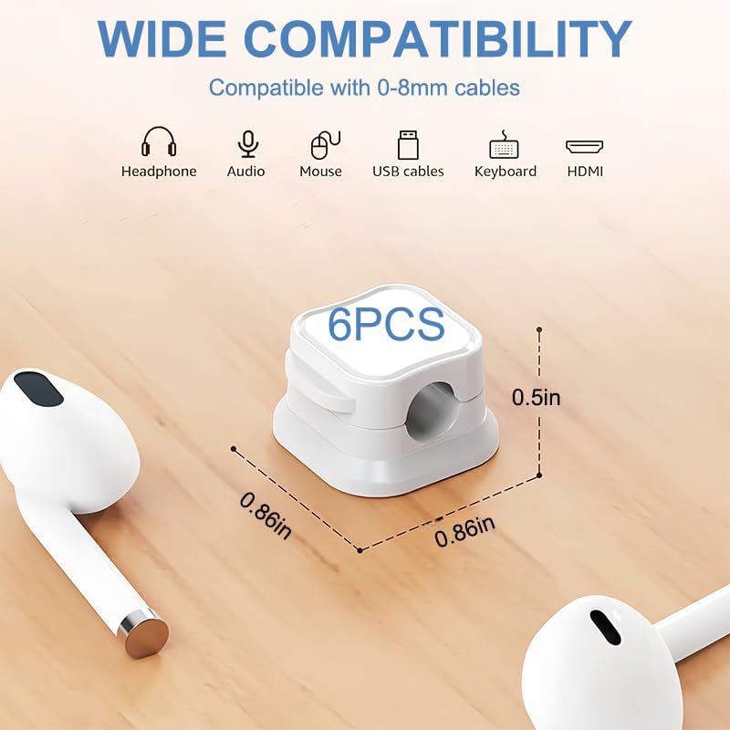 6 Pack Magnetic Cable Clips, Adhesive Cable Management, Adjustable Cord Organizer, Phone Charger Wire Holder for Home Office Kitchen Desk Car Wall Desktop Nightstand, White