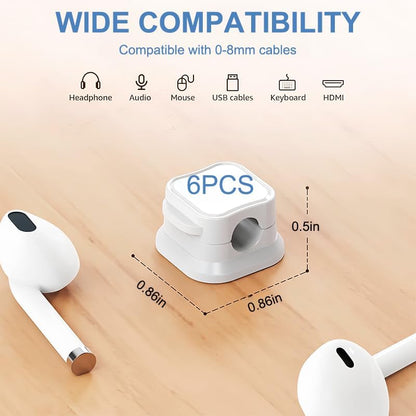 6 Pack Magnetic Cable Clips, Adhesive Cable Management, Adjustable Cord Organizer, Phone Charger Wire Holder for Home Office Kitchen Desk Car Wall Desktop Nightstand, White