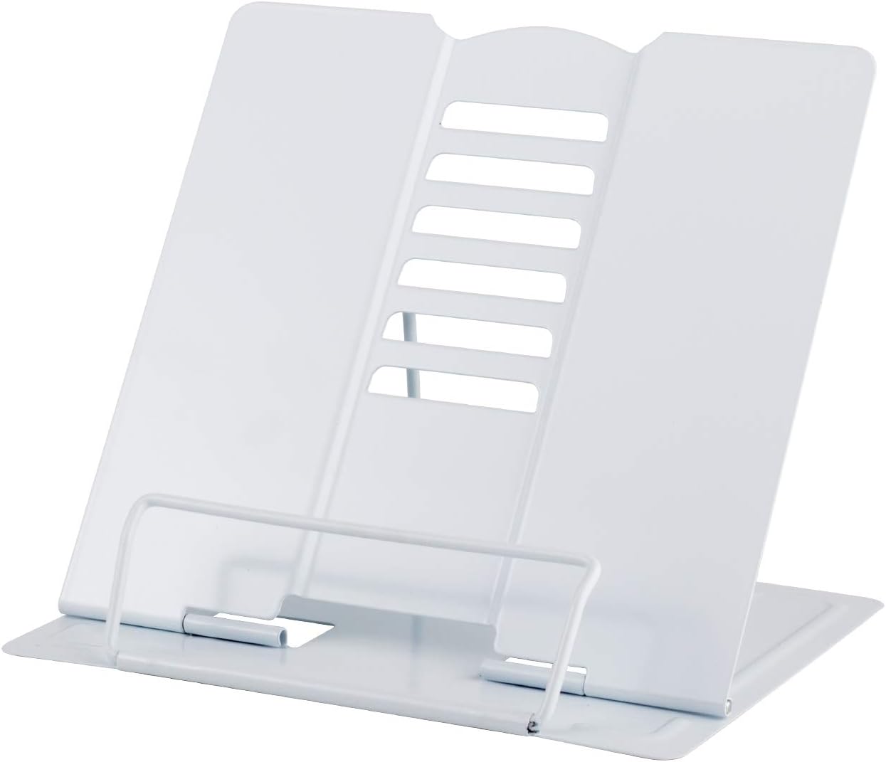 Blizzow Desk Book Stand Holder - Hands Free, Adjustable Metal Stand, Lightweight Foldable Portable - Cookbook, Recipe, Tablet, Music, Documents (White)