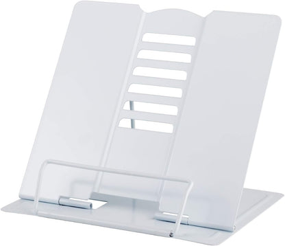 Blizzow Desk Book Stand Holder - Hands Free, Adjustable Metal Stand, Lightweight Foldable Portable - Cookbook, Recipe, Tablet, Music, Documents (White)