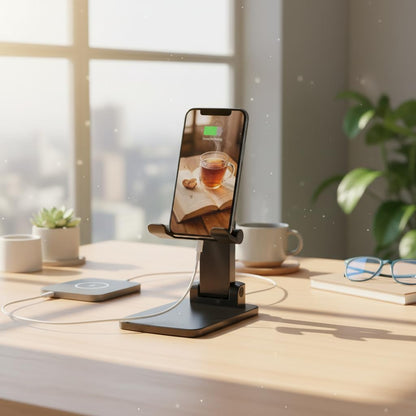 Adjustable Phone & Tablet Stand for Desk, Foldable Holder with Stable Base and Non-Slip Design, Compatible with iPhone, Android Phones and Tablets