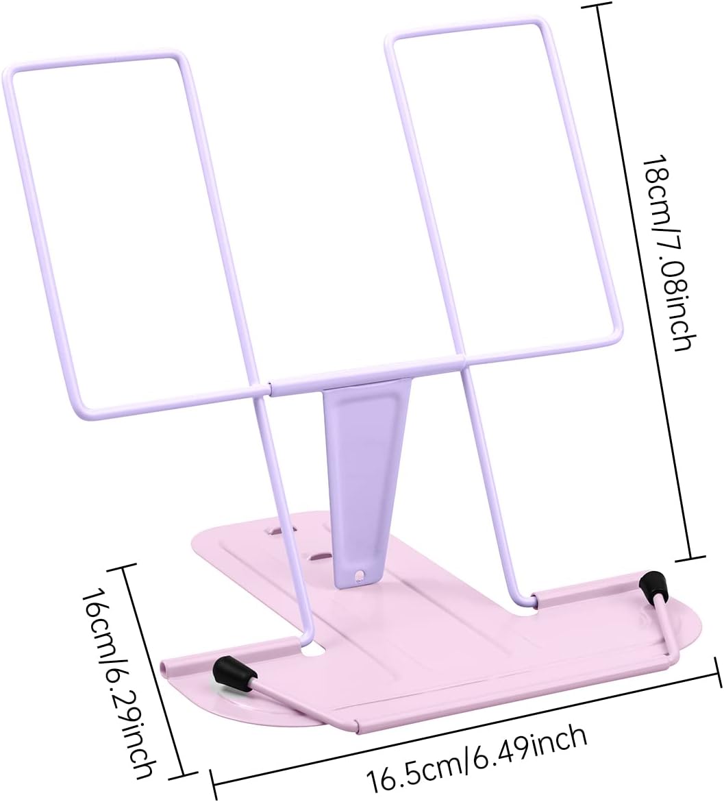 MSDADA Metal Book Stand for Desk, Adjustable Reading Rest Book Holder, Portable Cookbook Documents Holder, Sturdy Typing Stand for Recipes Textbooks Tablet Music Books with Page Clips (Macaron Pink)