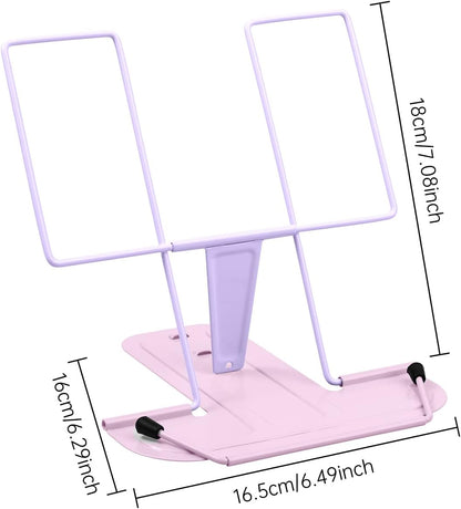 MSDADA Metal Book Stand for Desk, Adjustable Reading Rest Book Holder, Portable Cookbook Documents Holder, Sturdy Typing Stand for Recipes Textbooks Tablet Music Books with Page Clips (Macaron Pink)