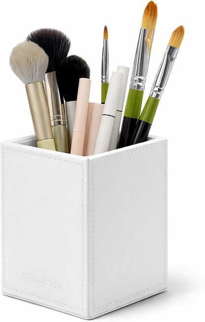 UnionBasic Square Pen Holder, Leather Pencil Cup, Desktop Caddy Stationery Organizer, Beige