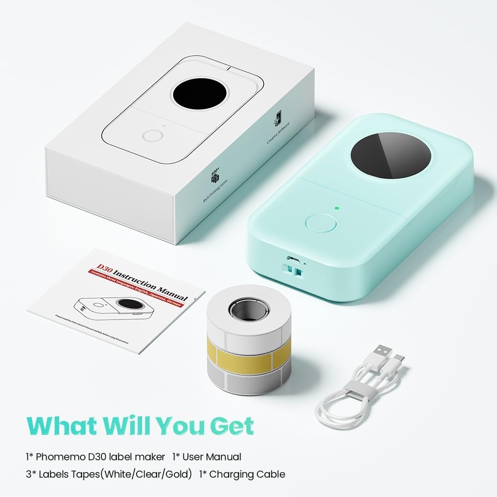 Phomemo Label Maker, D30 Portable Bluetooth Label Maker Machine with Tape, Small Mini Label Printer, Multiple Templates Fonts Icon Labeler for Home, School, Office
