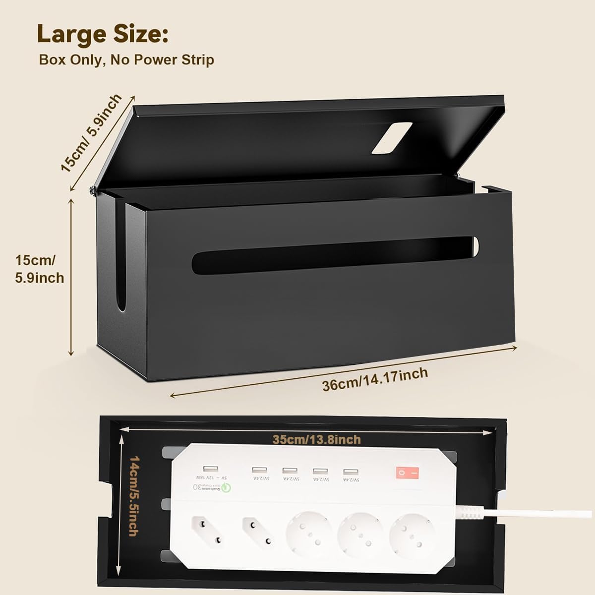 Metal Cable Management Box - Large Cable Organizer Box and Power Strip Box for Electrical Cord Hiding, Home Office Desk and Floor Cables Hider, TV Wires Storage Organization
