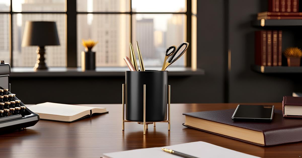 Sturdy Pen Holder Simple and elegant for Desk Matte Pencil Holder Ceramic Cute Desktop Organizer Brush Holder Cup (Black and Gold Plated)