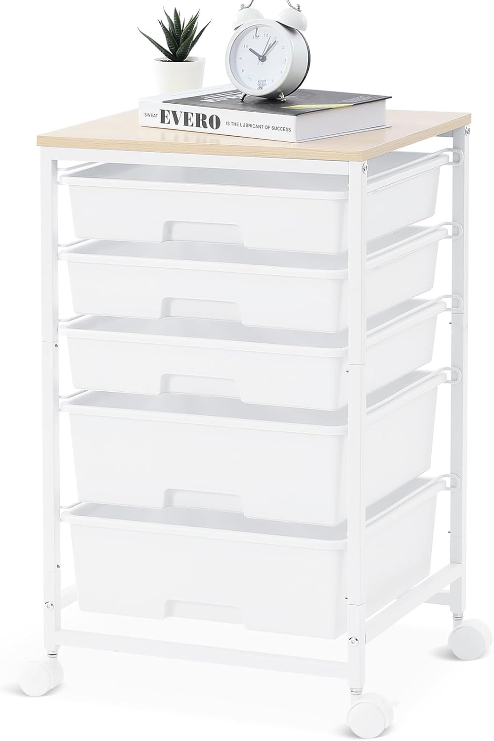 SYKIARIOL Utility Cart with 5 Drawers,Storage Cart with Wooden Tabletop and Lockable Wheels,Craft Storage Trolley Organizer,5-Tier Rolling Utility on Wheels,Light Green