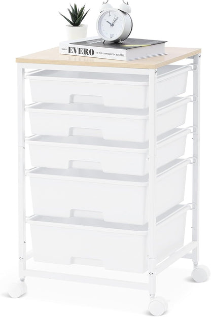 SYKIARIOL Utility Cart with 5 Drawers,Storage Cart with Wooden Tabletop and Lockable Wheels,Craft Storage Trolley Organizer,5-Tier Rolling Utility on Wheels,Light Green