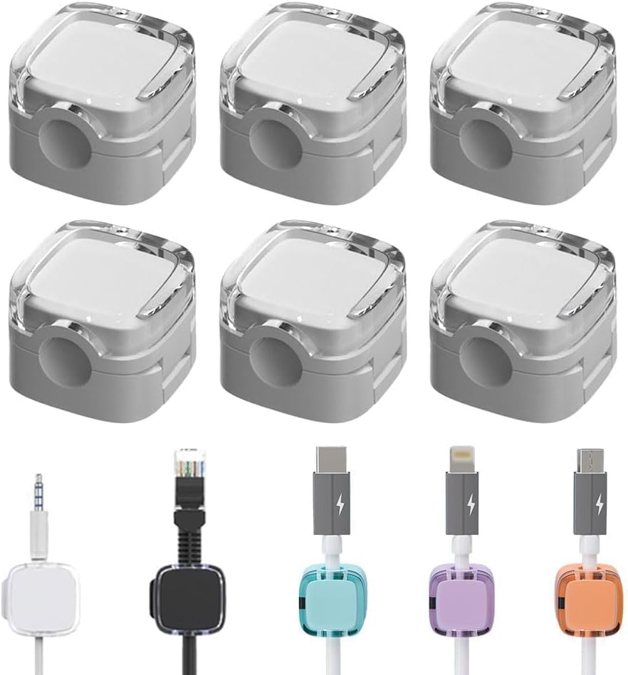 6 Pack Magnetic Cable Organizer Clips, Self Adhesive Cord Holder for Desk, Cable Management Clips for Phone, USB Charging Cables, Office and Home (White)