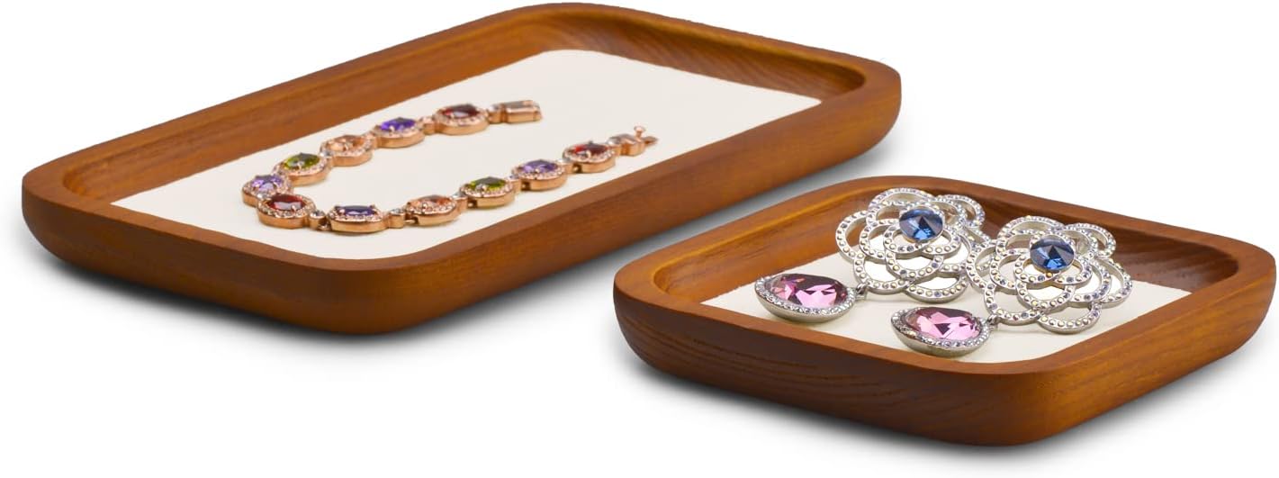 Oirlv Solid Wood Jewelry Display Tray Small Jewelry Tray Rings Earrings Bracelets Necklace Holder Organizer(Rectangle, Grey)