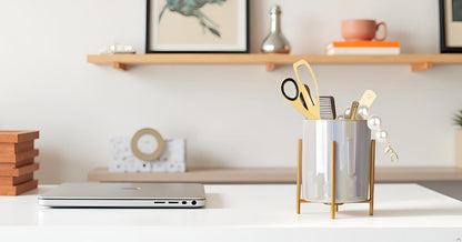 Sturdy Pen Holder Simple and elegant for Desk Matte Pencil Holder Ceramic Cute Desktop Organizer Brush Holder Cup (Black and Gold Plated)