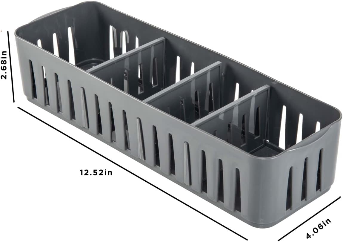 Simplify 4 Compartment Stackable Bin with Adjustable Dividers | Drawer Organizer | Storage Basket | Good for Office | Desk Supplies | Dorm |Bathroom | Accessories | Make Up | Grey