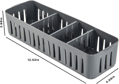 Simplify 4 Compartment Stackable Bin with Adjustable Dividers | Drawer Organizer | Storage Basket | Good for Office | Desk Supplies | Dorm |Bathroom | Accessories | Make Up | Grey