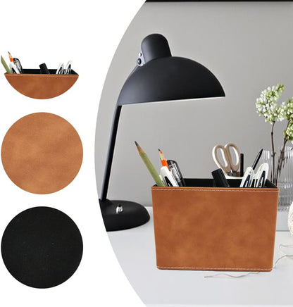 Leather Pen Holder, Brown Pencil Holder, Desktop Elegant Pen Holder for Desk, Stationery Organizer for School Office Home Dorm (3.3" x 3.3" x 4", Brown)