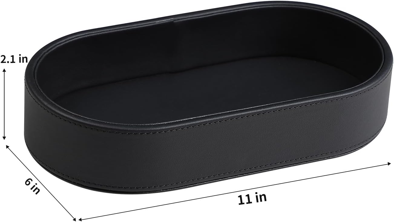 Oval Desk Valet Tray, PU Leather Perfume Dish Bowl for Keys Wallet Watch, Decorative Trinket Vanity Jewelry Tray, Entryway Nightstand Organizer Women Men (Black)