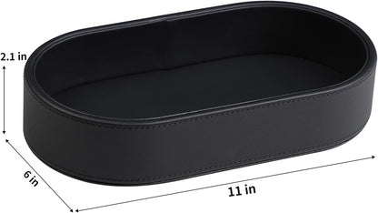 Oval Desk Valet Tray, PU Leather Perfume Dish Bowl for Keys Wallet Watch, Decorative Trinket Vanity Jewelry Tray, Entryway Nightstand Organizer Women Men (Black)