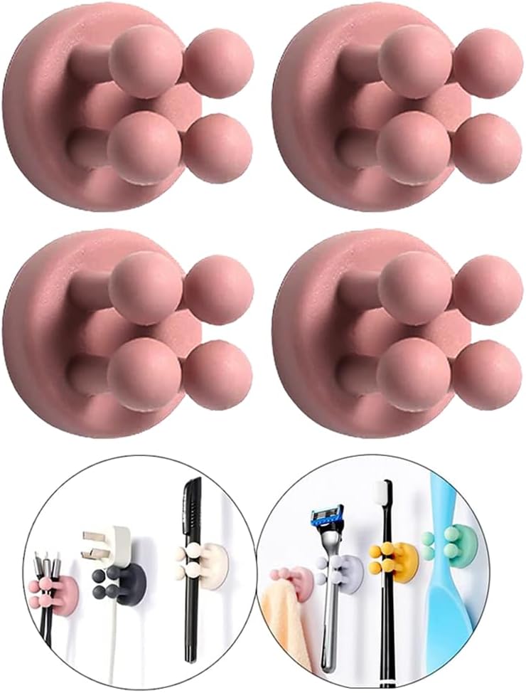 Silicone Toothbrush Holders - 4 Pcs Razor Hooks Adhesive Wall Mounted for Hanging Towel Key Plug Cable, Utility Decor Stick to Dorm Room Essentials Function for Kitchen Bathroom Home Office