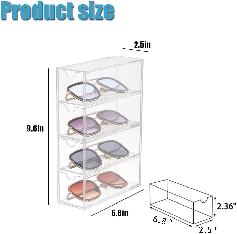 CLUQMEIK Acrylic Sunglasses Organizer with 4 Lid Drawer Organizer Rectang Supplies for Bathroom, Dorm, Desk, Countertop, Office (Transparent)