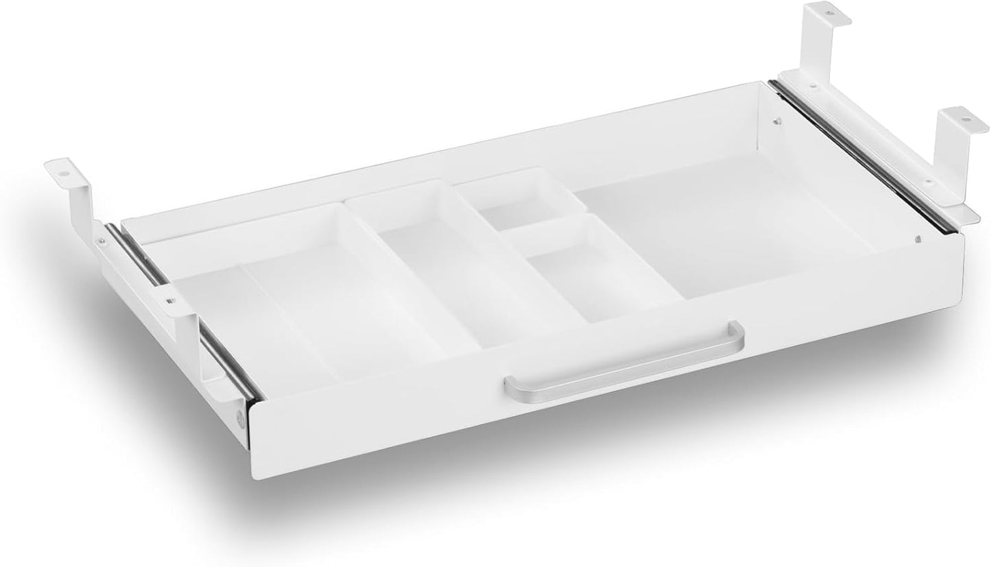 Under Desk Drawer Organizer 21" White Upgrade with Adjustable Brackets, Sliding Pull-Out Under Table Pencil Drawer, Office Standing Desk Attachment for Workbench