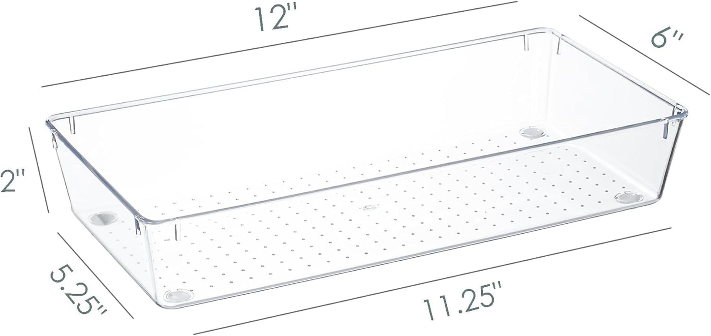 Kingrol 6 Pack 12 x 6 x 2 Inch Clear Drawer Organizer Trays, Desk Drawer Divider Storage Bins, Storage Box Set for Utensils Junks Vanities Makeups Jewelry Office Craft Supplies