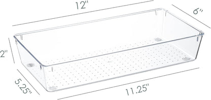 Kingrol 6 Pack 12 x 6 x 2 Inch Clear Drawer Organizer Trays, Desk Drawer Divider Storage Bins, Storage Box Set for Utensils Junks Vanities Makeups Jewelry Office Craft Supplies