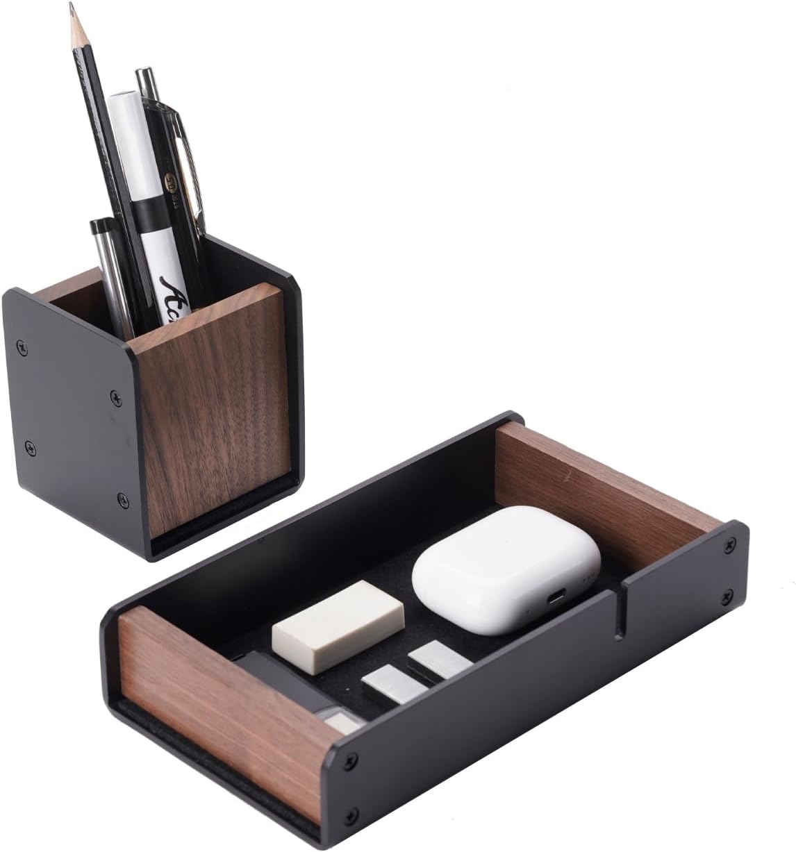 Walnut Desk Tray with Pen Holder Set, Solid Wooden Desk Drawer Organizer for Keys, Pen, Watch, Airpods, Earbuds, Cool Valet Tray for Men