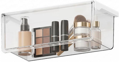 Hanging Cabinet Organizer – 33° Tilted Under Desk Drawer & Bathroom Storage – Self-Adhesive Clear Pull-Out Bins for Kitchen, Office & Vanity (Medium)