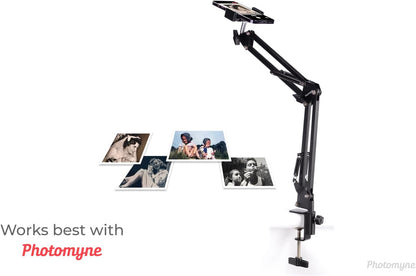 PHOTOMYNE Sturdy Flexible Phone Holder for Desk, Table, Office, Kitchen with Clamp for Photo Album Scanning, iPhone Holder for Desk- Black