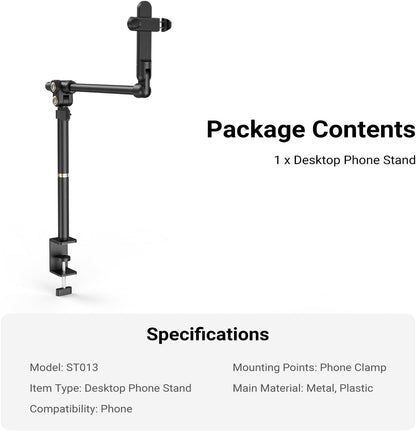 NEEWER Basics Cell Phone Stand for Desk, Adjustable Phone Holder Clamp with Weighted Metal Base, Office Table Phone Mount Compatible with iPhone 16 15 Pro Max Plus Samsung for Video Recording, ST006
