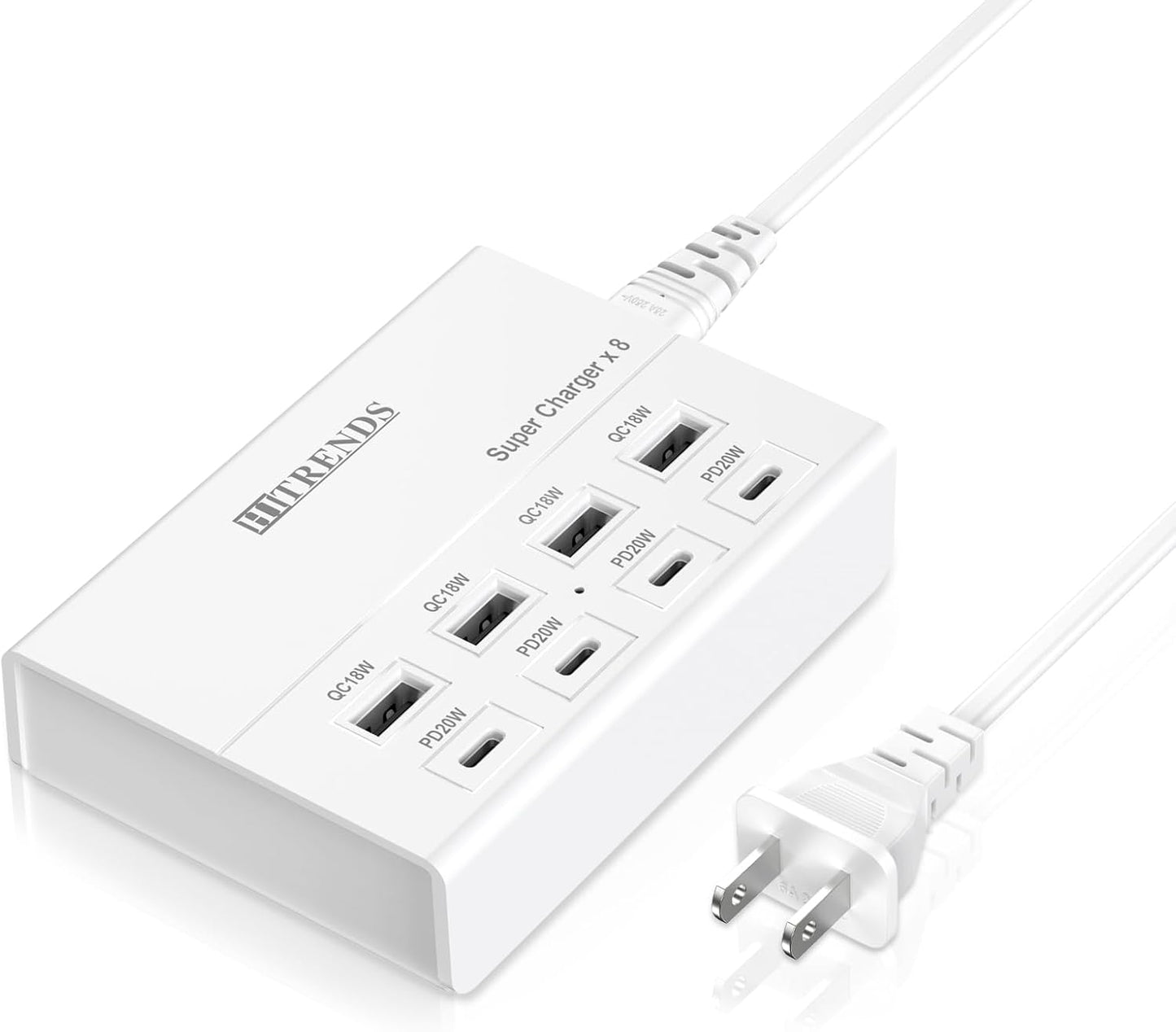 USB Charger with USB C PD20W and USB A QC18W, HITRENDS 60W PD Fast Charging Station, 5ft 8-Port Multiple Desktop Multi Port USB Charging Hub Compatible with iPad iPhone 17/16/15/14, Galaxy S24/S23/S22