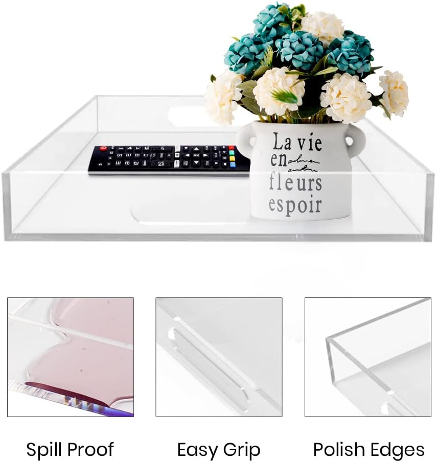 12"x16" Acrylic Serving Tray with Handles, Spill Proof Clear Decorative Tray, Lucite Tray for Coffee Table, Vanity, Makeup Organizer