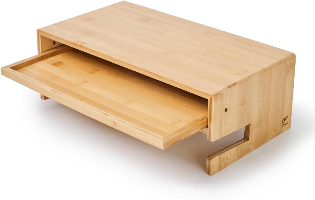 Monitor Stand Desk Top Organizer with Storage Drawer & Phone Holder,Bamboo Monitor Stand with Keyboard Tray, Wide Monitor Riser Non Slip Desk Riser