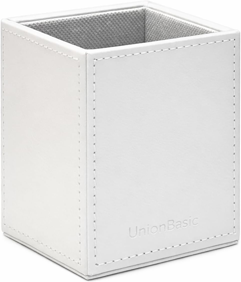 UnionBasic Square Pen Holder, Leather Pencil Cup, Desktop Caddy Stationery Organizer, Beige