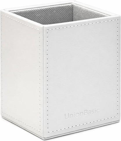 UnionBasic Square Pen Holder, Leather Pencil Cup, Desktop Caddy Stationery Organizer, Beige