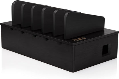 Prosumer's Choice Natural Bamboo Device Charging Station for Multiple Devices | Desk Dock Organizer for Cell Phone, Tablet, Apple iPhone, iPad | with Removable Dividers - Black