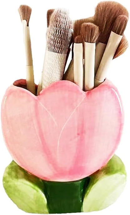 Ceramic Pen Holder for Office Desk, Pink Makeup Brush Holder, Cute Pencil Holder Tulips Home Decor Birthday Gifts for Women Vanity Toothbrush Holder Kawaii Kitchen Utensil Holder