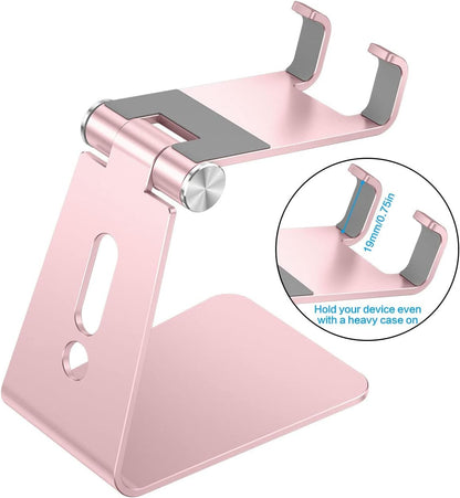 Adjustable Cell Phone Stand, OMOTON Aluminum Desktop Cellphone Stand with Anti-Slip Base and Convenient Charging Port, Fits All Smart Phones, Silver