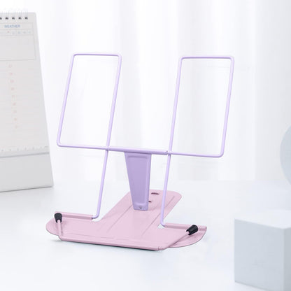 MSDADA Metal Book Stand for Desk, Adjustable Reading Rest Book Holder, Portable Cookbook Documents Holder, Sturdy Typing Stand for Recipes Textbooks Tablet Music Books with Page Clips (Macaron Pink)