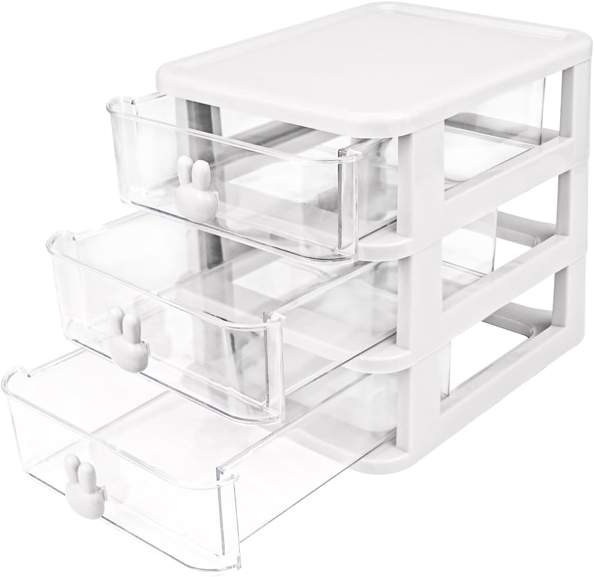 3 Layer Plastic Storage Drawer Bunny Transparent Cosmetic Organizer Rabbit Makeup Organizer Storage Container for Office School Home（White）