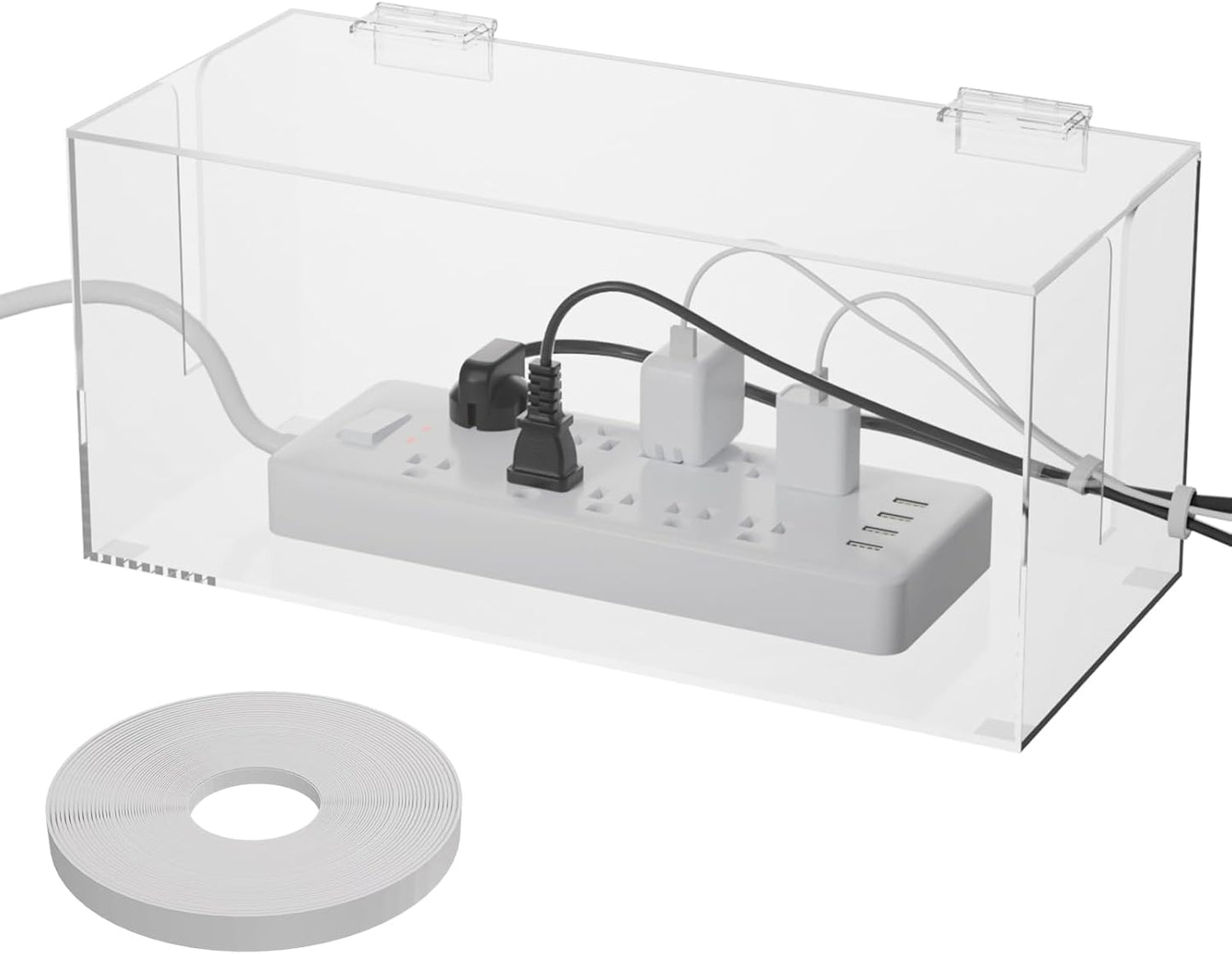 NiHome Large Clear Acrylic Cable Management Box, Power Strip Organizer with Ventilated Cover and Silicone Feet, Includes Reusable Ties, Transparent Cord Hider for Desk and Floor