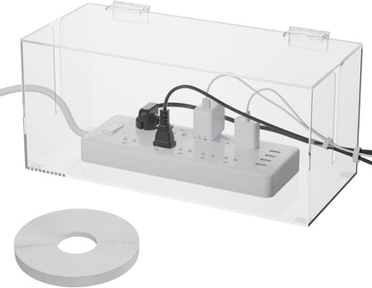 NiHome Large Clear Acrylic Cable Management Box, Power Strip Organizer with Ventilated Cover and Silicone Feet, Includes Reusable Ties, Transparent Cord Hider for Desk and Floor