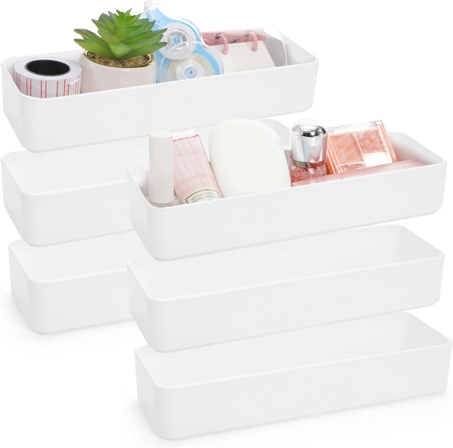 ZAVOOS 6 Pack Plastic Drawer Organizer, 10'' x 3.3'' x 1.8'' White Stackable Vanity Storage Tray, Narrow Rectangular Organizer Bins for Makeup, Bathroom, Kitchen, Office Desktop Supplies