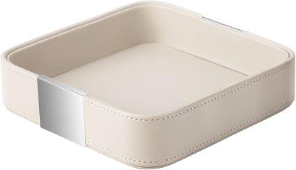 SANZIE Luxury Leather Desktop Storage Small Catchall Organizer Decorative Tray for Entryway Table to Hold Jewelry Watch Cosmetics Keys Phone Wallet, Home & Office Accessories (Metal Silvered, Black)