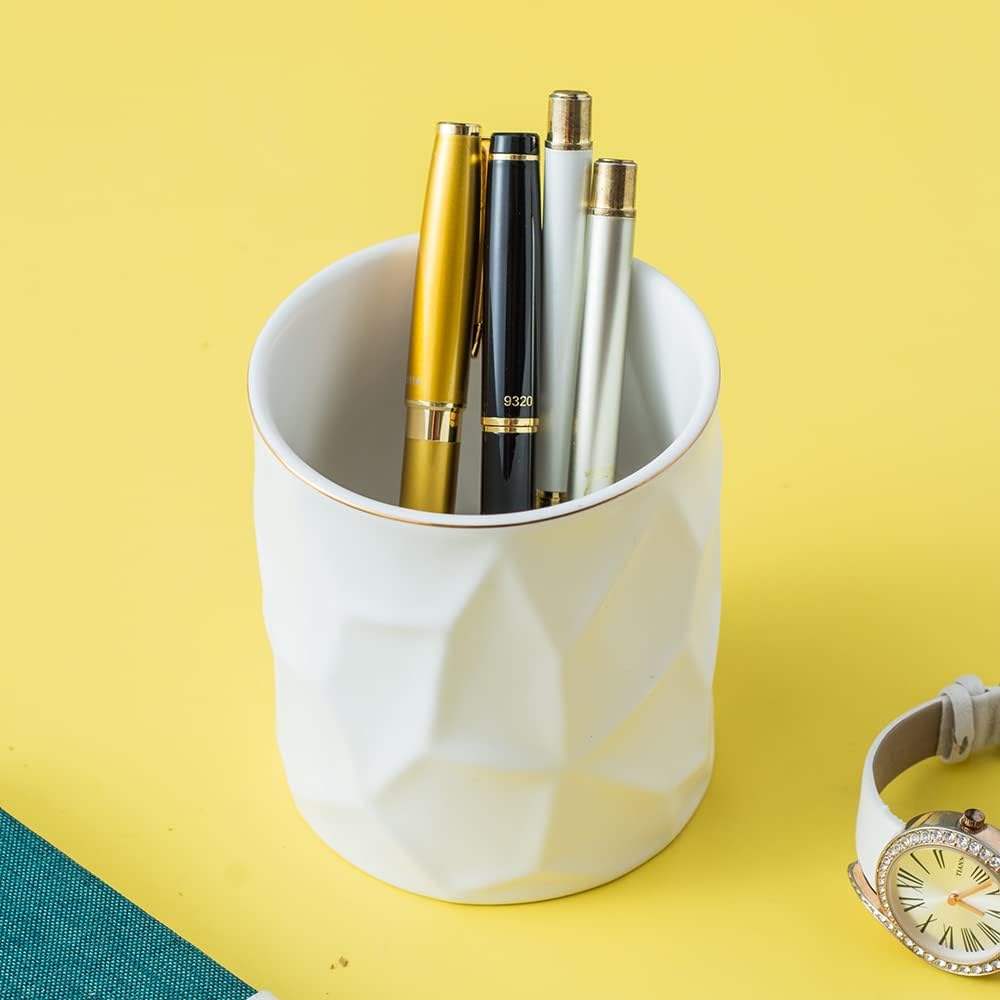 Ceramic Irregular Round Pen Holder For Desk Cute Stand Gold Line Aesthetic Pencil Cup Pot Desk Organizer for Men Women Makeup Brush Holder (Black)