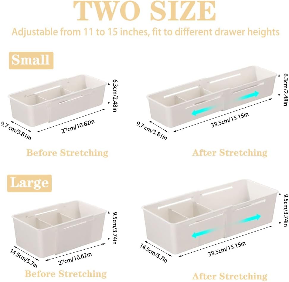 Expandable Storage Drawer Organizers Sliding Bin Plastic Desk Drawer Trays with Removable Dividers Adjustable Makeup Storage Bins for Bedroom, Bathroom, Clothes, Kitchen Utensil (Large)