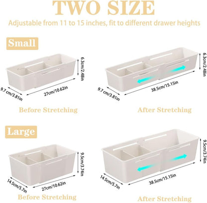 Expandable Storage Drawer Organizers Sliding Bin Plastic Desk Drawer Trays with Removable Dividers Adjustable Makeup Storage Bins for Bedroom, Bathroom, Clothes, Kitchen Utensil (Large)