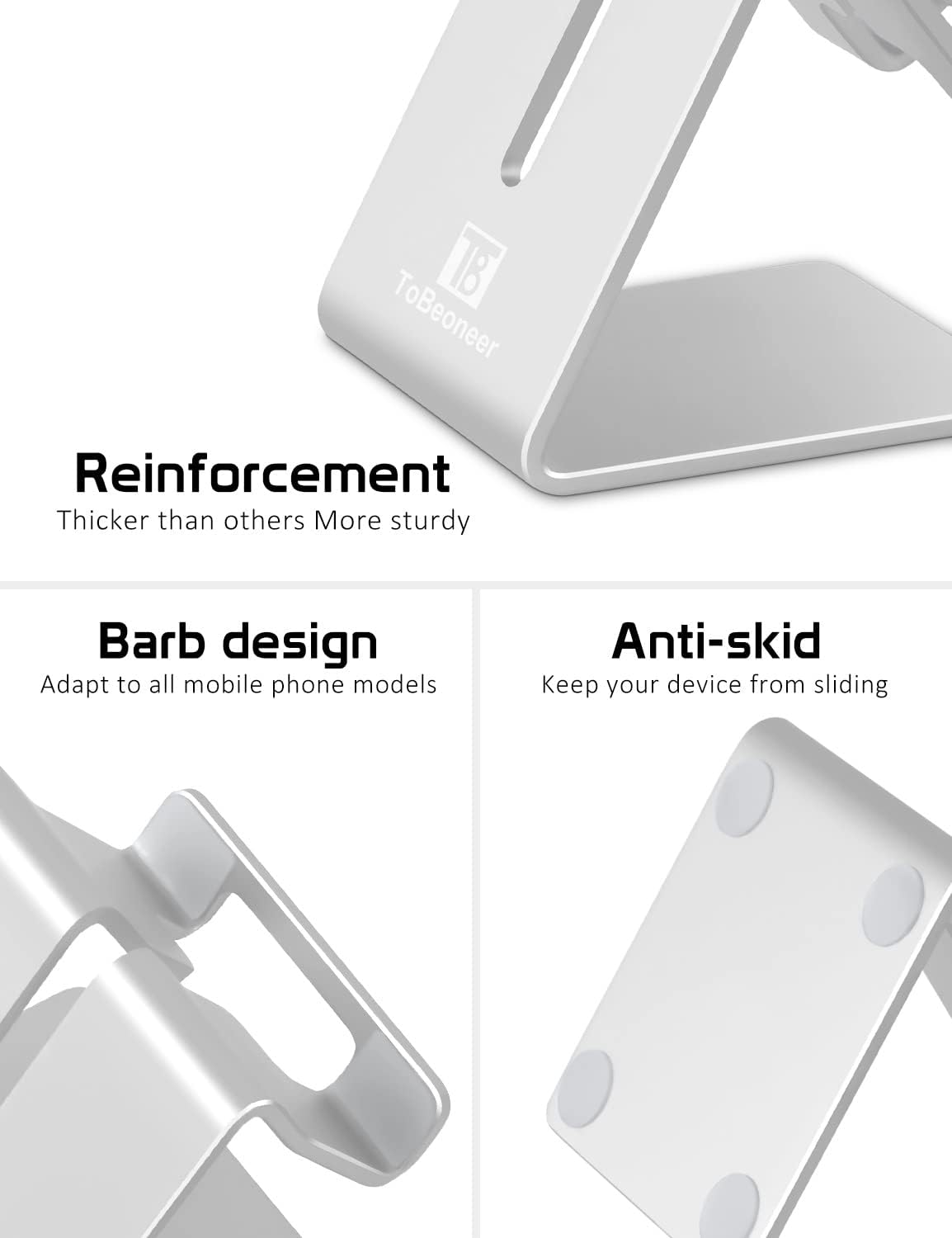 Desktop Cell Phone Stand Holder, Aluminum Solid Portable Universal Desk Stand for iPhone 16 15 14 13 12 11 X 8 7 6 Plus 5 Ipad 2 3 4 Mini Samsung Huawei All Mobile Smart Phone, Silver
