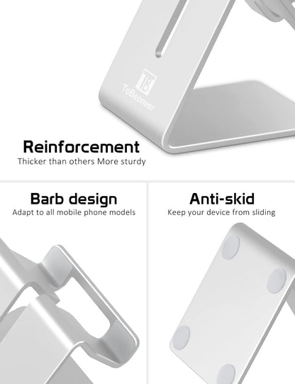 Desktop Cell Phone Stand Holder, Aluminum Solid Portable Universal Desk Stand for iPhone 16 15 14 13 12 11 X 8 7 6 Plus 5 Ipad 2 3 4 Mini Samsung Huawei All Mobile Smart Phone, Silver